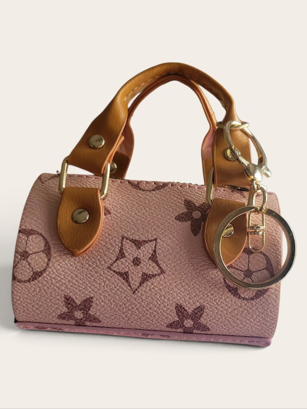 Pink Floral Pattern Mini Tote Keychain Bag